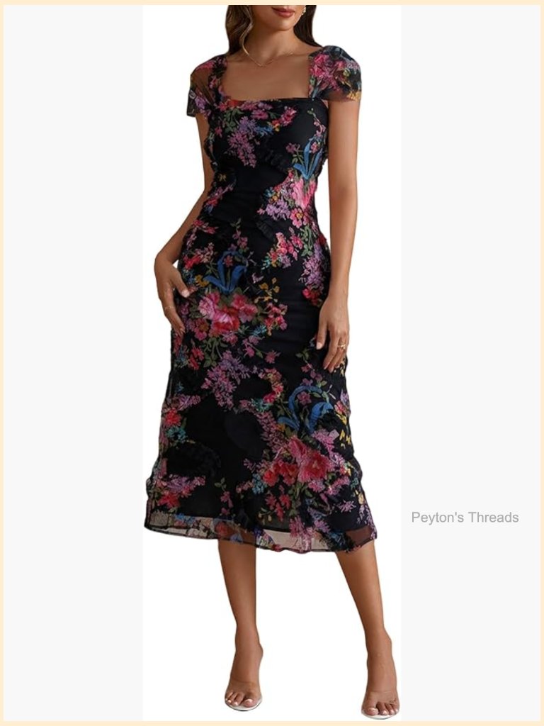 Floral Bodycon Midi Dress Square Neck Cap Sleeve Mesh Wedding Guest
